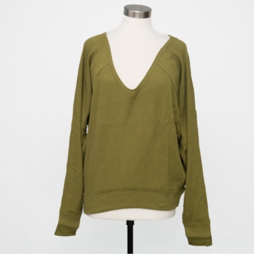 Free People Santa Clara waffle top long sleeve in Ferngully green.